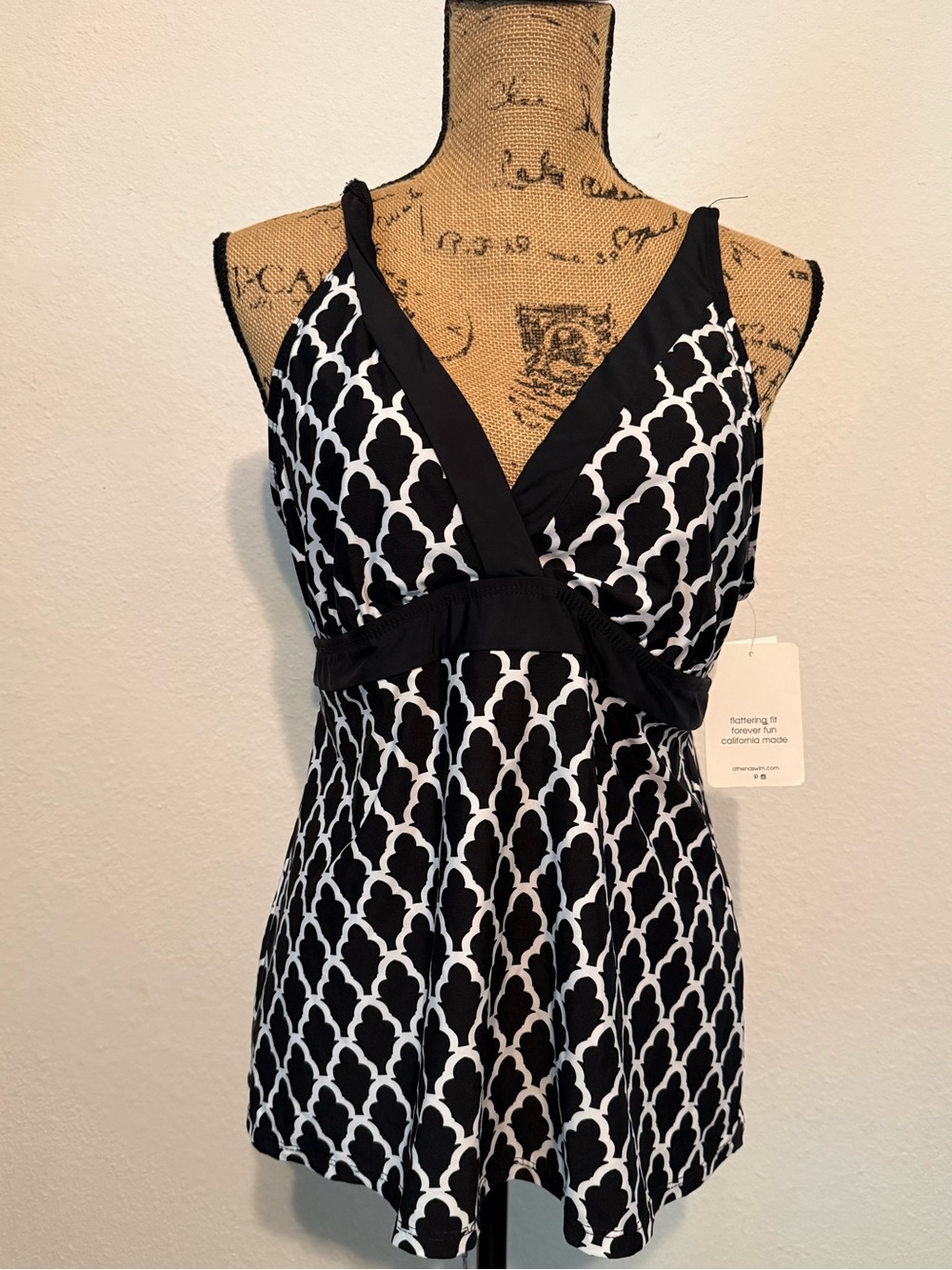 Athena Black and white trellis pattern surplice tankini swim top 16